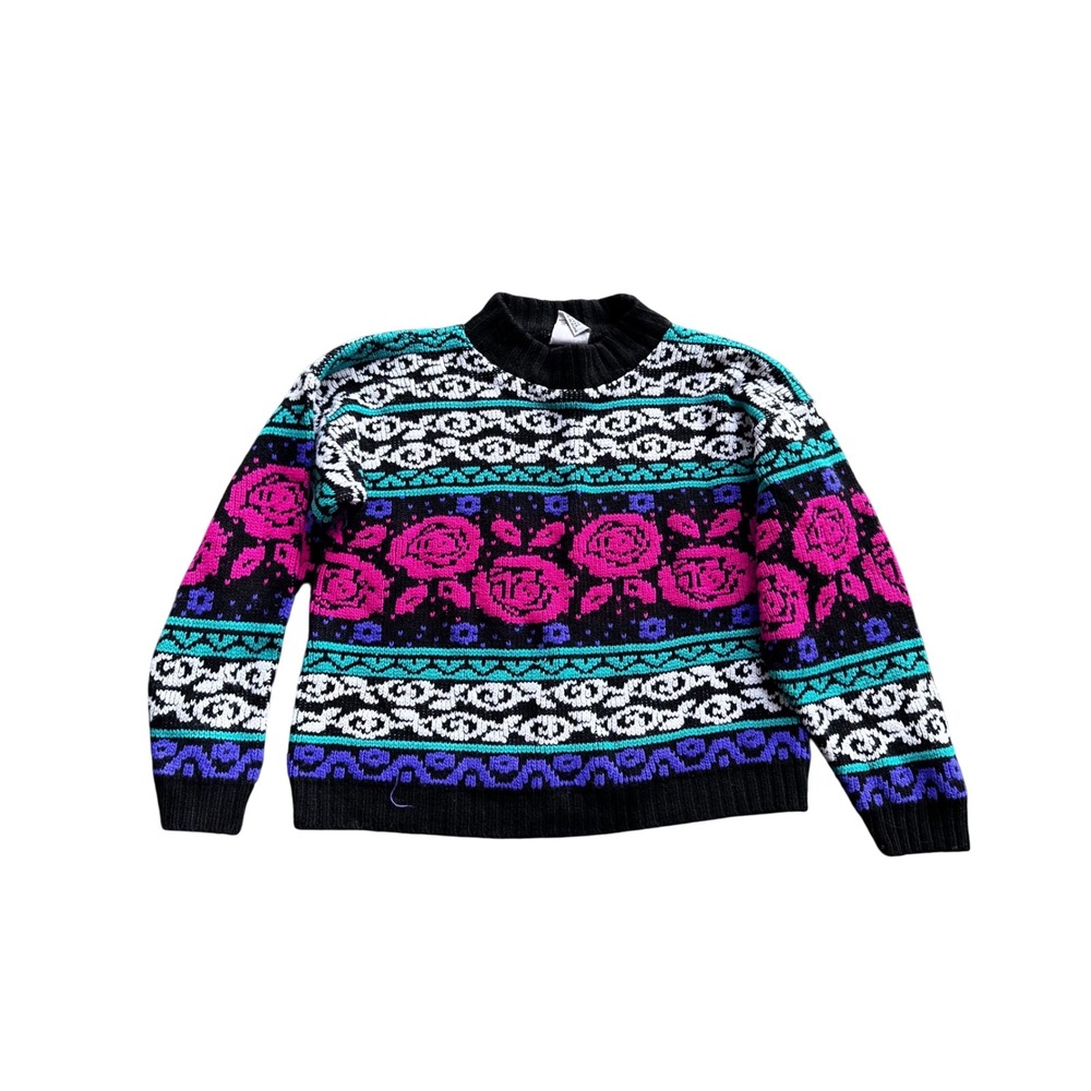 Vintage Sister Sister Rose‎ Floral Knit Sweater 80s 90s Pink Teal Acrylic Medium